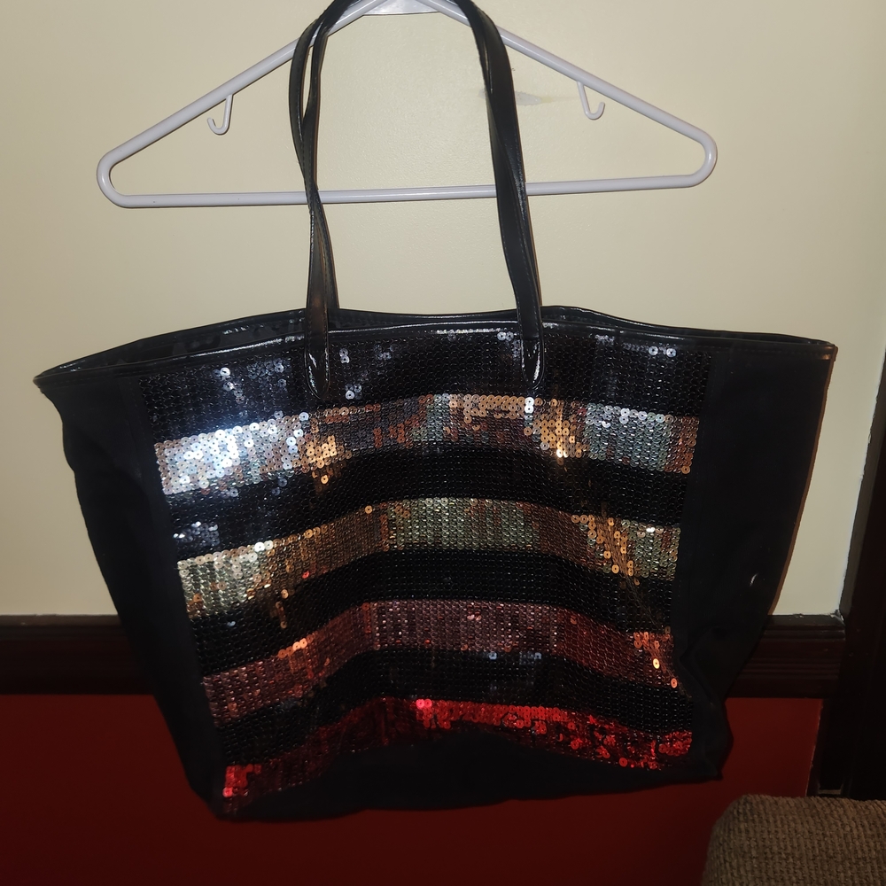 Victoria's Secret Large Black Tote with Sequin Stripes